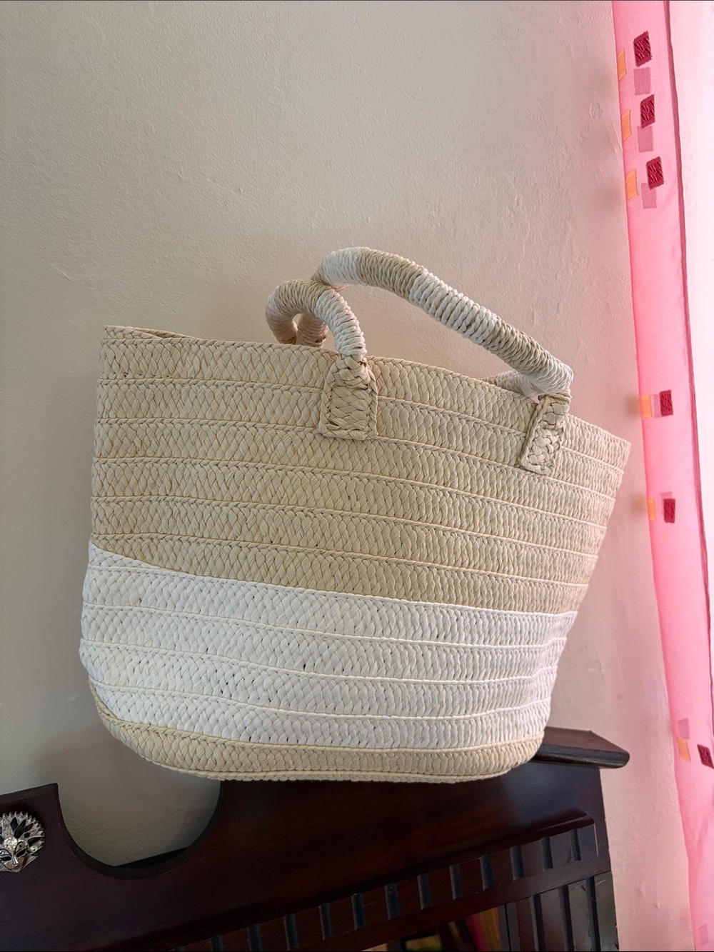 Altru Two-Tone Straw Tote - Beige and White